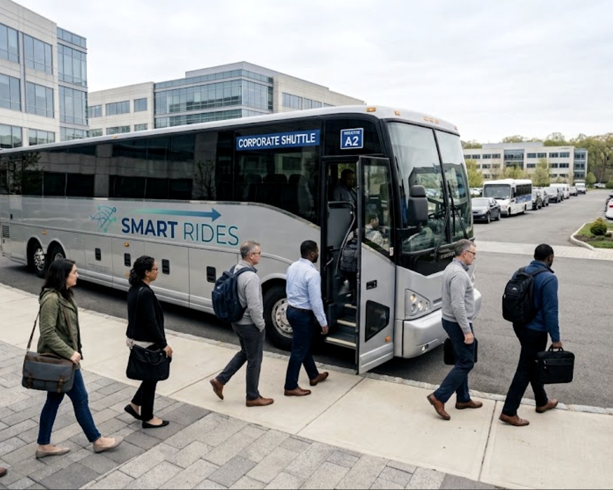 Employees boarding a Smart Ride shuttle at a corporate campus