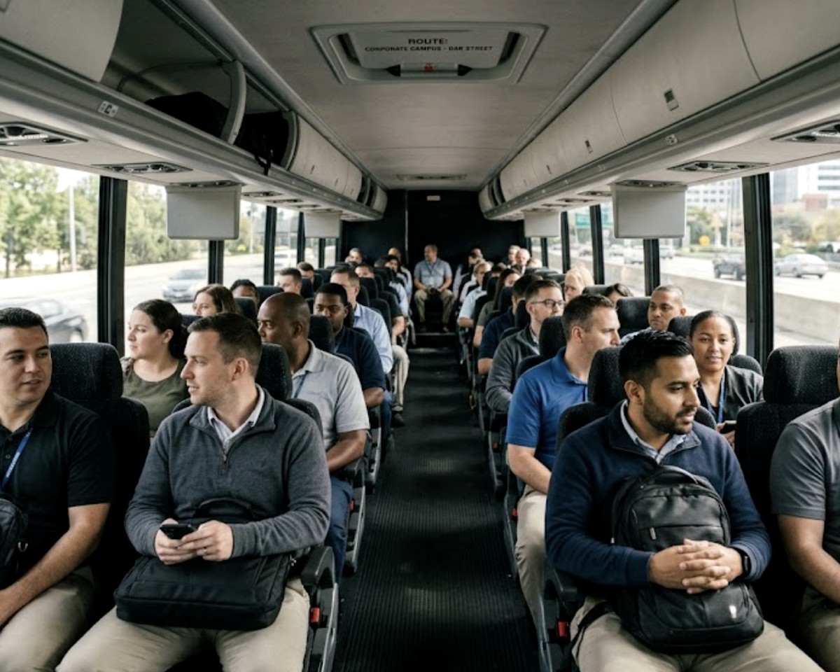 Employees commuting aboard a Smart Ride shuttle